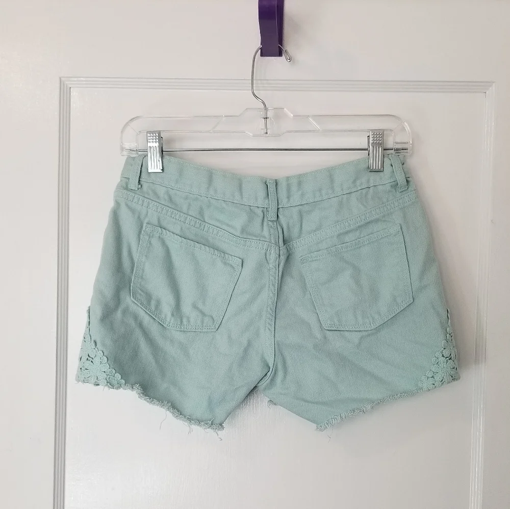 Size 16 Mint Blue Green Old Navy Girl's Jean Shorts with Boho Crochet Trim